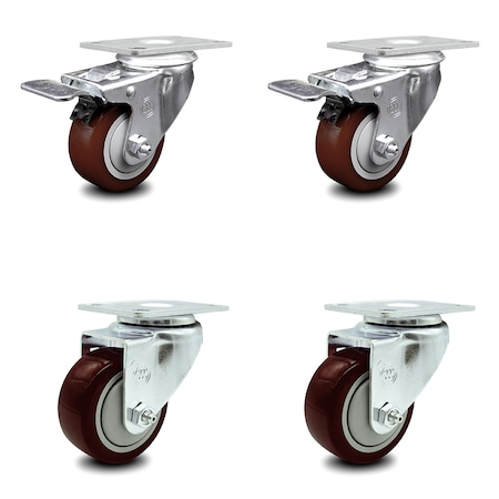 Service Caster 3.5 Inch Maroon Polyurethane Swivel Top Plate Caster Total Lock Brake SCC, 2PK SCC-TTL20S3514-PPUB-MRN-2-S-2
